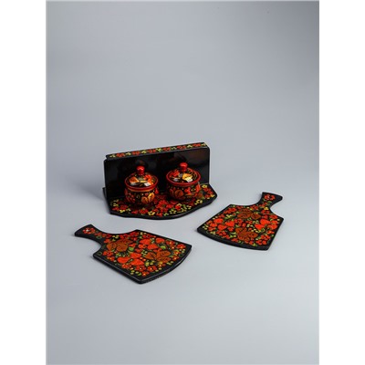 УЦЕНКА Набор «Земляничка», 6 предметов: 2 доски, 3 банки, подставка, хохлома