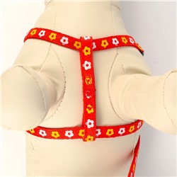 Шлейка с поводком «Цветы», ОГ 23-35 см, ширина 1 см, поводок 120 см, прошитая, красная