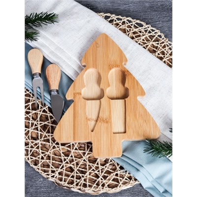 Поднос для нарезки и подачи сыра Новогодняя 20x25x1,5 см Ёлка / KF-S12 /уп 48/ нож и вилка