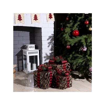 Светодиодная фигура «Коричневые плетёные подарки» 15, 20, 25 см, текстиль, металл, 220 В, свечение тёплое белое