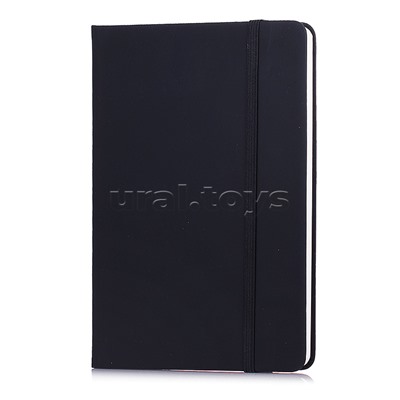 Записная книжка B6 (120 ммx170 мм) 160 стр, кремовая бумага 70 г/м² в клетку, печать в 1 краску, твердая обложка из искусственной кожи с покрытием Soft Touch, вертикальная резинка, закругленные уголки, 1 ляссе, в термоусадочной пленке, черная