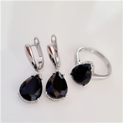 Комплект ювелирная бижутерия серьги и кольцо 20 р, покрытие: посеребрение, вставка: фианит, цвет: черный, арт.313.081-20