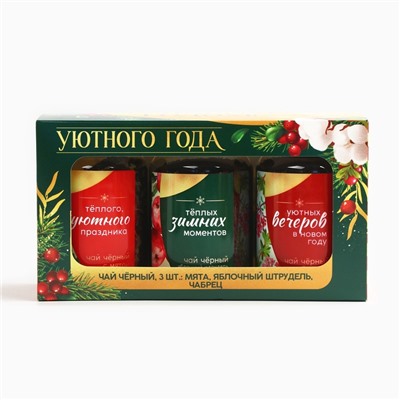 Чай подарочный новогодний «Уютного года», вкусы: мята, яблочный штрудель, чабрец, 150 г (набор 3 шт.×50 г)