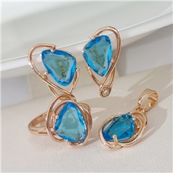 Комплект ювелирной бижутерии коллекция "Дубай серьги, кулон и кольцо 19 р, покрытие позолота, вставка: фианит, цвет: голубой, арт.314.888-19