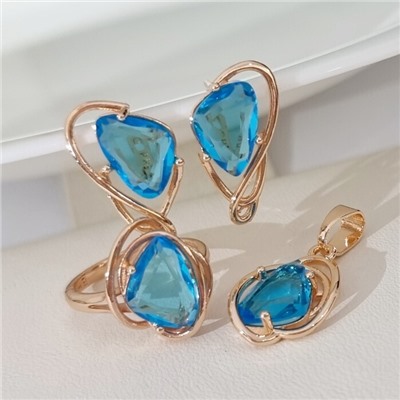 Комплект ювелирной бижутерии коллекция "Дубай серьги, кулон и кольцо 19 р, покрытие позолота, вставка: фианит, цвет: голубой, арт.314.888-19