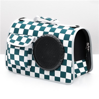 Сумка - переноска, 43×24×28 см, с органайзером и иллюминатором, белая, зелёная