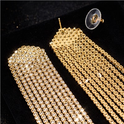 Серьги длинные женские вечерние со стразами, цвет: золотистый и прозрачный, арт.012.051