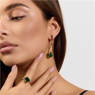 Комплект ювелирной бижутерии коллекция "Дубай" серьги и кольцо 19 р, покрытие позолота, вставка: стекло, цвет: зеленый, арт.414.177-19