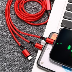 Кабель USB 3 в 1 для iOS + microUSB + type-С в тканой нейлоновой оплетке 1,2 метра