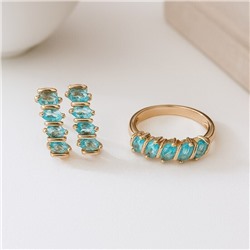 Комплект ювелирной бижутерии коллекция "Дубай" серьги и кольцо 20 р, покрытие позолота, вставка: фианиты, цвет: голубой, арт.414.225-20