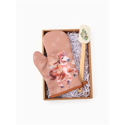 Набор подарочный новогодний «Почтовая лошадка» варежка-прихватка, лопатка силикон