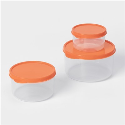 Набор контейнеров пищевых круглых Доляна, 3 шт.: 150 мл, 300 мл, 500 мл, прозрачные, крышка оранжевая