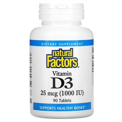 Natural Factors, витамин D3, 25 мкг (1000 МЕ), 90 таблеток