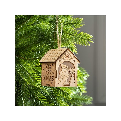 Ёлочная игрушка «Домик с Дедом Морозом с мешком», 8×6.5×6 см, от батареек, свечение тёплое белое