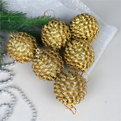 Елочное украшение Шишки 6 штук 6 см / SF2023-178 /уп 133/ золото