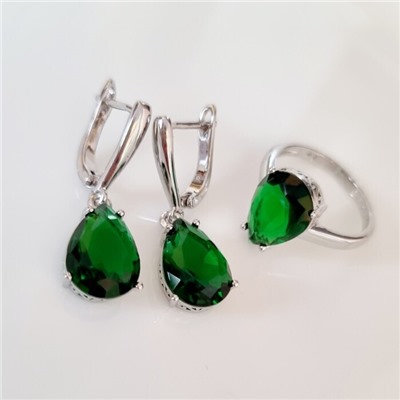 Комплект ювелирная бижутерия серьги и кольцо 17 р, покрытие: посеребрение, вставка: фианит, цвет: изумрудный, арт.313.075-17