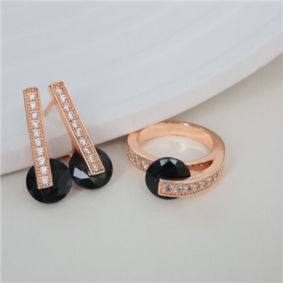 Комплект ювелирной бижутерии коллекция "Дубай" серьги и кольцо 19 р, покрытие позолота, вставка: фианиты, цвет: черный и прозрачный, арт.213.981-19