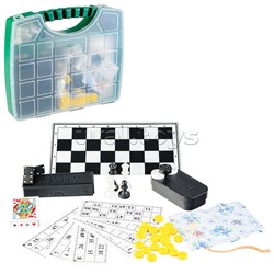 Набор из 6 игр "В Путь-Дорогу" в пластиковом чемоданчике (шахматы обиходные пластик., лото пластик с карточками, домино, шашки, карты(54л), зарики(кости) + 2 доски шахматные картонные, + инструкция 7 игр в кости)