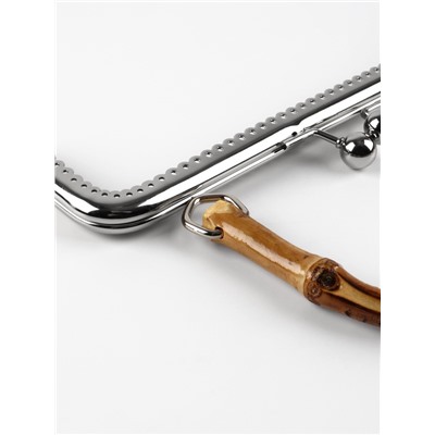 Фермуар пришивной, 21×9.5 см, с бамбуковой ручкой d=11×15.5 см, цвет коричневый, серебряный