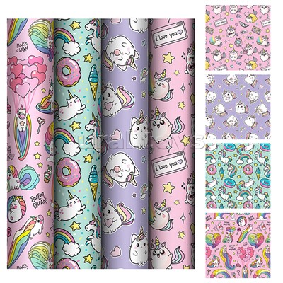 Упаковочная бумага глянц. 70*100см, "Unicorn", 80 г/м2, ассорти, 4 дизайна