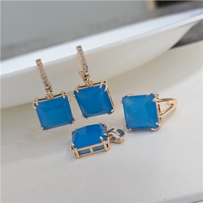 Комплект ювелирной бижутерии коллекция "Дубай" с крупным камнем серьги, кулон и кольцо 19 р, покрытие позолота, вставка: фианит, цвет: тиффани матовый и прозрачный, арт.313.284-19