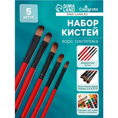 Набор кистей нейлон 5 штук, закругленные, плоские