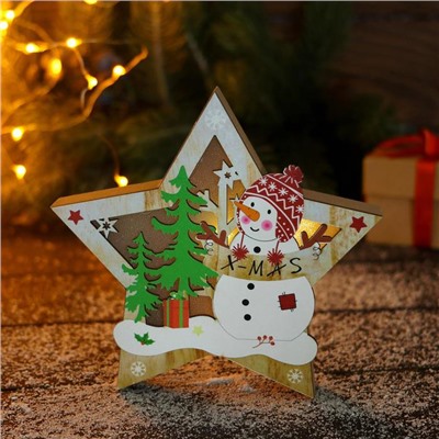 Светильник новогодний «Снеговик в лесу с подарками, в звезде» 16.5×16 см