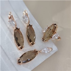 Комплект ювелирной бижутерии коллекция "Дубай" серьги, кулон и кольцо 19 р, покрытие позолота, вставка: стекло и фианиты, цвет: коричневый и прозрачный, арт.414.245-19