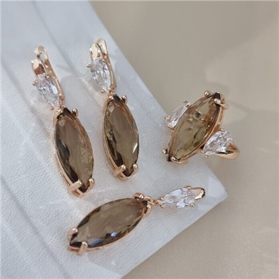 Комплект ювелирной бижутерии коллекция "Дубай" серьги, кулон и кольцо 19 р, покрытие позолота, вставка: стекло и фианиты, цвет: коричневый и прозрачный, арт.414.245-19