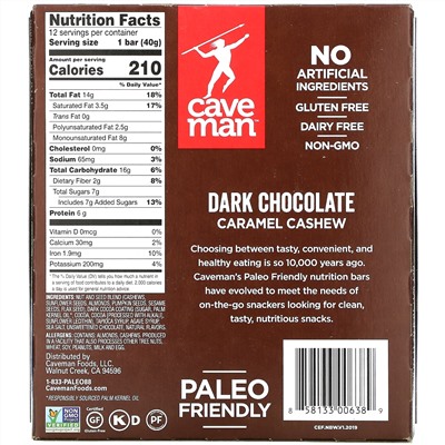 Caveman Foods, Nutrition Bars, Dark Chocolate Caramel Cashew, 12 Bars, 1.41 oz (40 g) Each