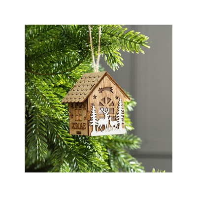 Ёлочная игрушка «Домик с оленями», 8×7×5.5 см, от батареек, свечение тёплое белое