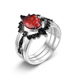 Кольцо тройное из серебра с пл.кварцем цв.гранат и фианитами родированное 925 пробы 1-244р10416