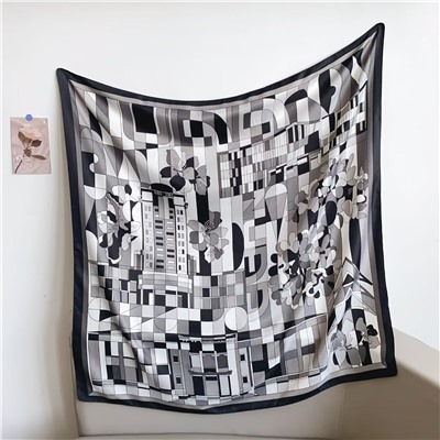 Платок шелковый на голову и шею весенний, мультицвет