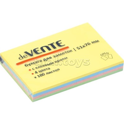 Клейкая бумага для заметок 51x76 мм, 100 листов, офсет 75 (70) г/м², 4 пастельных цвета
