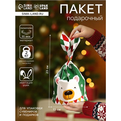 Пакет полиэтиленовый подарочный с ушками «Новогодний медведь», 13×23 см
