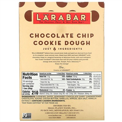 Larabar, The Original Fruit & Nut Food Bar, Chocolate Chip Cookie Dough, 16 Bars, 1.6 oz (45 g) Each