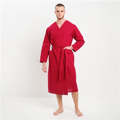Халат мужской вафельный запашной, вишня, размер 54, 160 г/м²