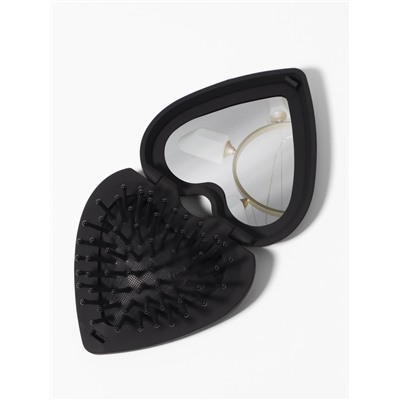 Расчёска массажная «Сердце», складная, с зеркалом, 8×2.5 см, матовая, чёрная