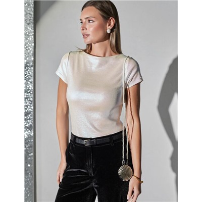 Футболка облегающая из хлопка в рубчик с вырезом лодочка с матовым покрытием металлик