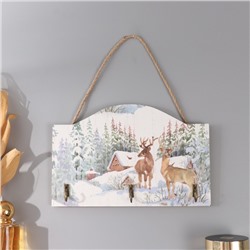 Настенные крючки декоративные «Олени у заснеженного домика», дерево, 23×15 см