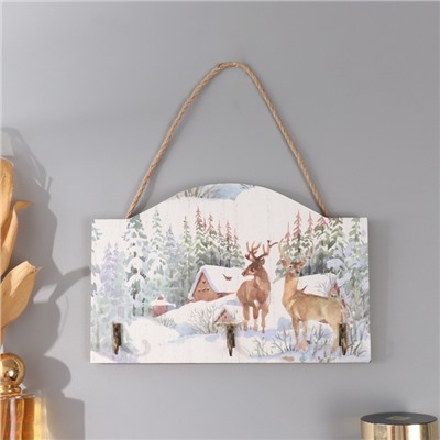 Настенные крючки декоративные «Олени у заснеженного домика», дерево, 23×15 см