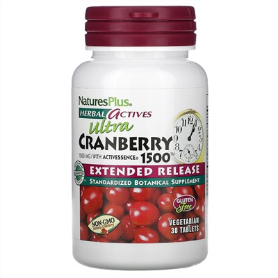 Nature's Plus, Herbal Actives, Ultra Cranberry 1500, 1500 мкг, 30 таблеток