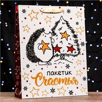 Пакет подарочный новогодний ламинированный вертикальный «Пакетик счастья», 33×42×10 см