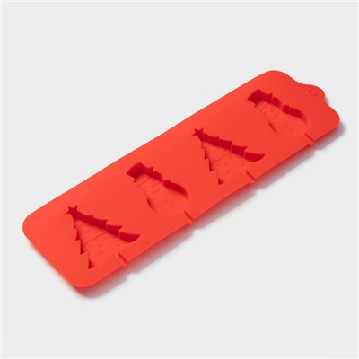 Форма для леденцов Доляна «Новый год», силикон, 31×9 см, 4 ячейки, с палочками, красная