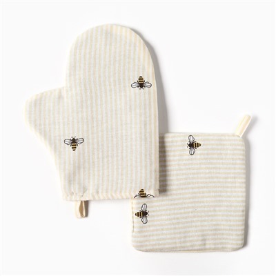 Кухонный набор Доляна «Пчёлки»: варежка 20×27 см, прихватка 19×19 см, рогожка 164 г/м², 100% хлопок