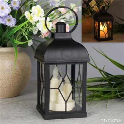 Светильник фонарь настольный Новогодний 21 см черный три свечи / YR01594B /уп 48/от батареек