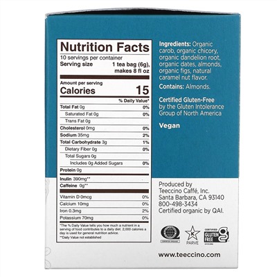 Teeccino, Roasted Herbal Tea, Dandelion Caramel Nut, Caffeine Free, 10 Tea Bags, 2.12 oz (60 g)