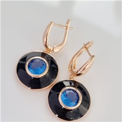 Серьги подвески ювелирная бижутерия коллекция "Дубай" покрытие позолота, вставка: цветная эмаль и крупный фианит, цвет: голубой и черный, арт.215.350