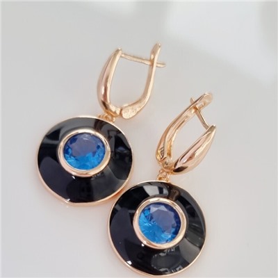 Серьги подвески ювелирная бижутерия коллекция "Дубай" покрытие позолота, вставка: цветная эмаль и крупный фианит, цвет: голубой и черный, арт.215.350