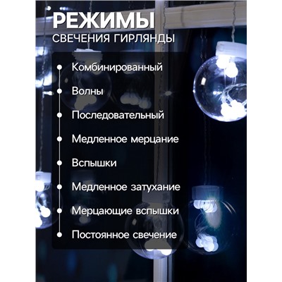 Гирлянда «Бахрома» 2.4×0.7 м с насадками «Шарики», IP20, прозрачная нить, 108 LED, свечение белое, 8 режимов, 220 В